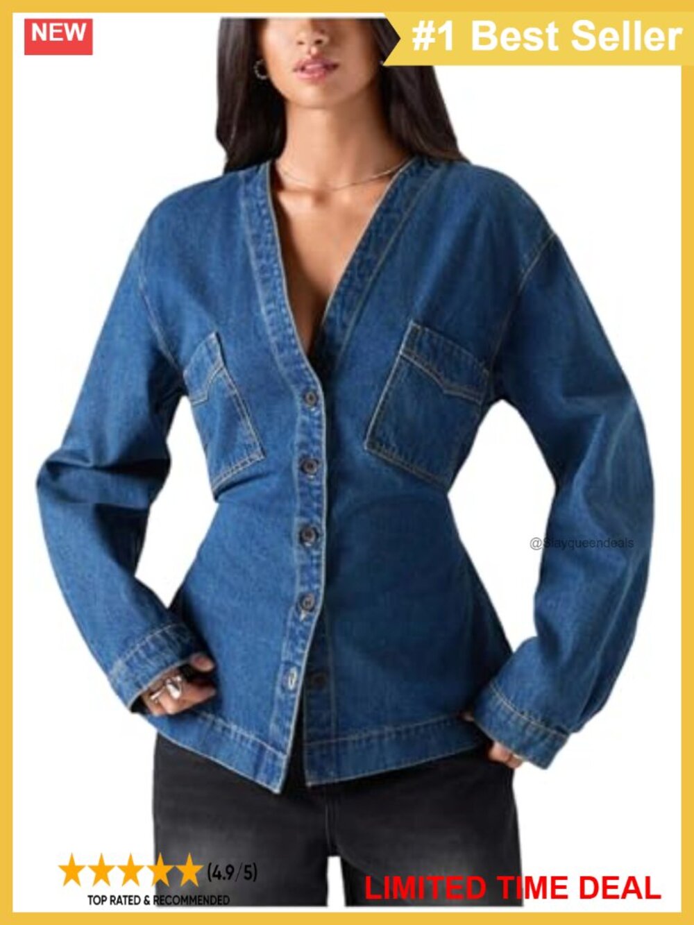 Women's V Neck Button Down Denim Jacket Long Sleeve Waist Streetwear Outerwear